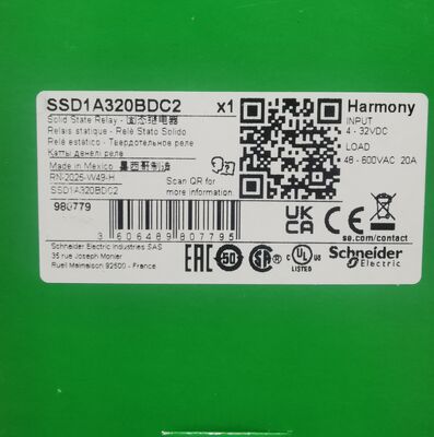 Schneider Electric SSD1A320BDC2 Relé de Estado Sólido SSR Montaje en Riel DIN 20A Corriente de Carga 48-600V AC Salida 4-32V DC Control